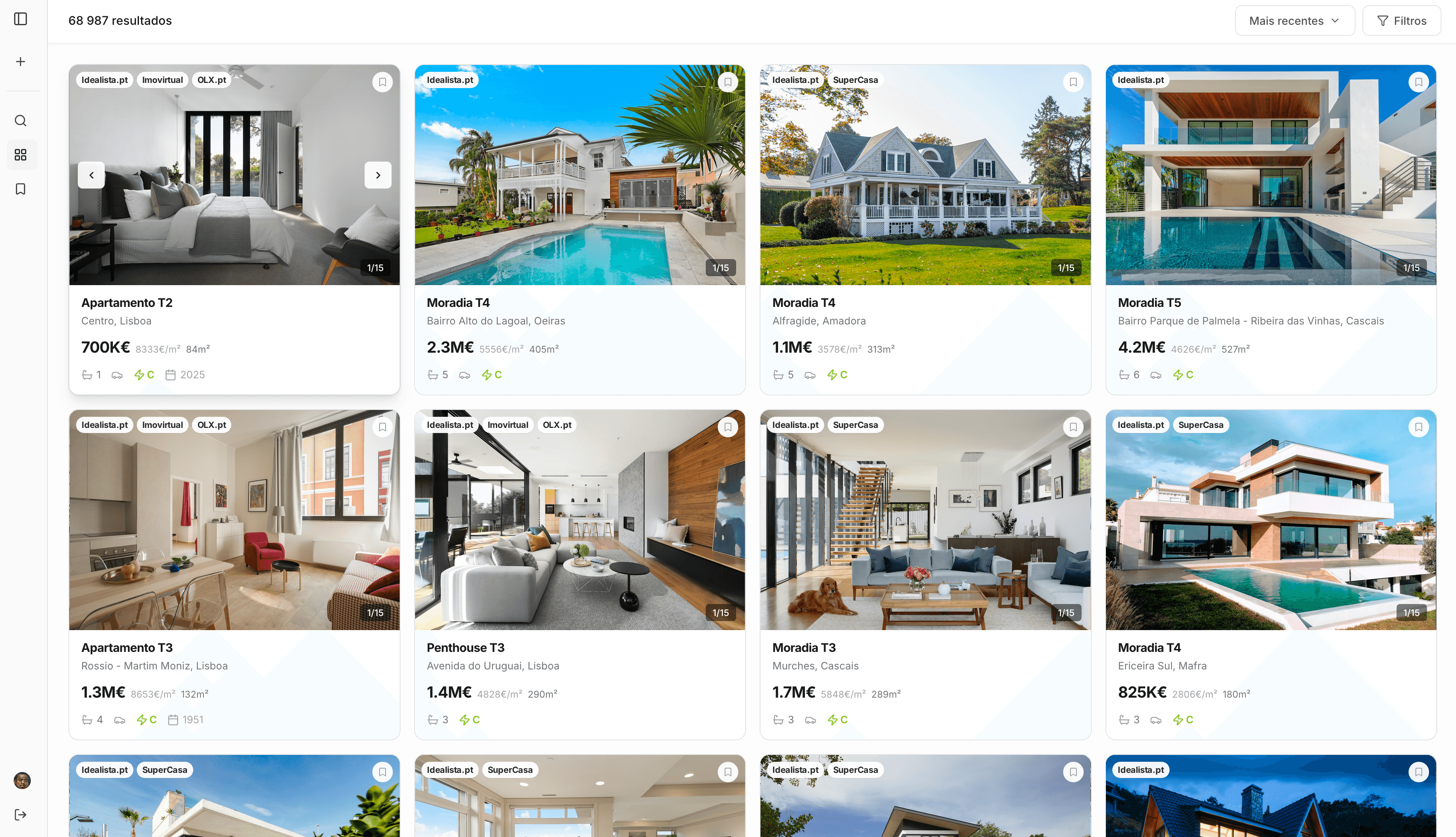 Resultados de pesquisa no EncontraCasa: apartamentos e moradias com fotos, preço, área e os portais onde cada imóvel está anunciado